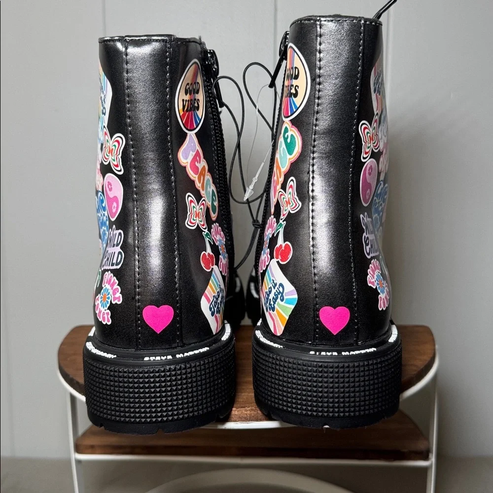 Steve Madden Black Boot Colorful Sticker Images Lug Sole Faux Leather Size 4